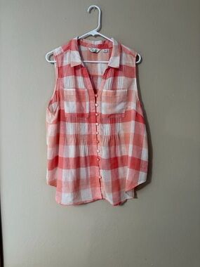 Caffé Marrakesh Linen Blend Plaid Sleeveless Blouse Peach White size XL